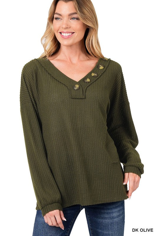 BRUSHED WAFFLE V NECK BUTTON DETAIL SWEATER
